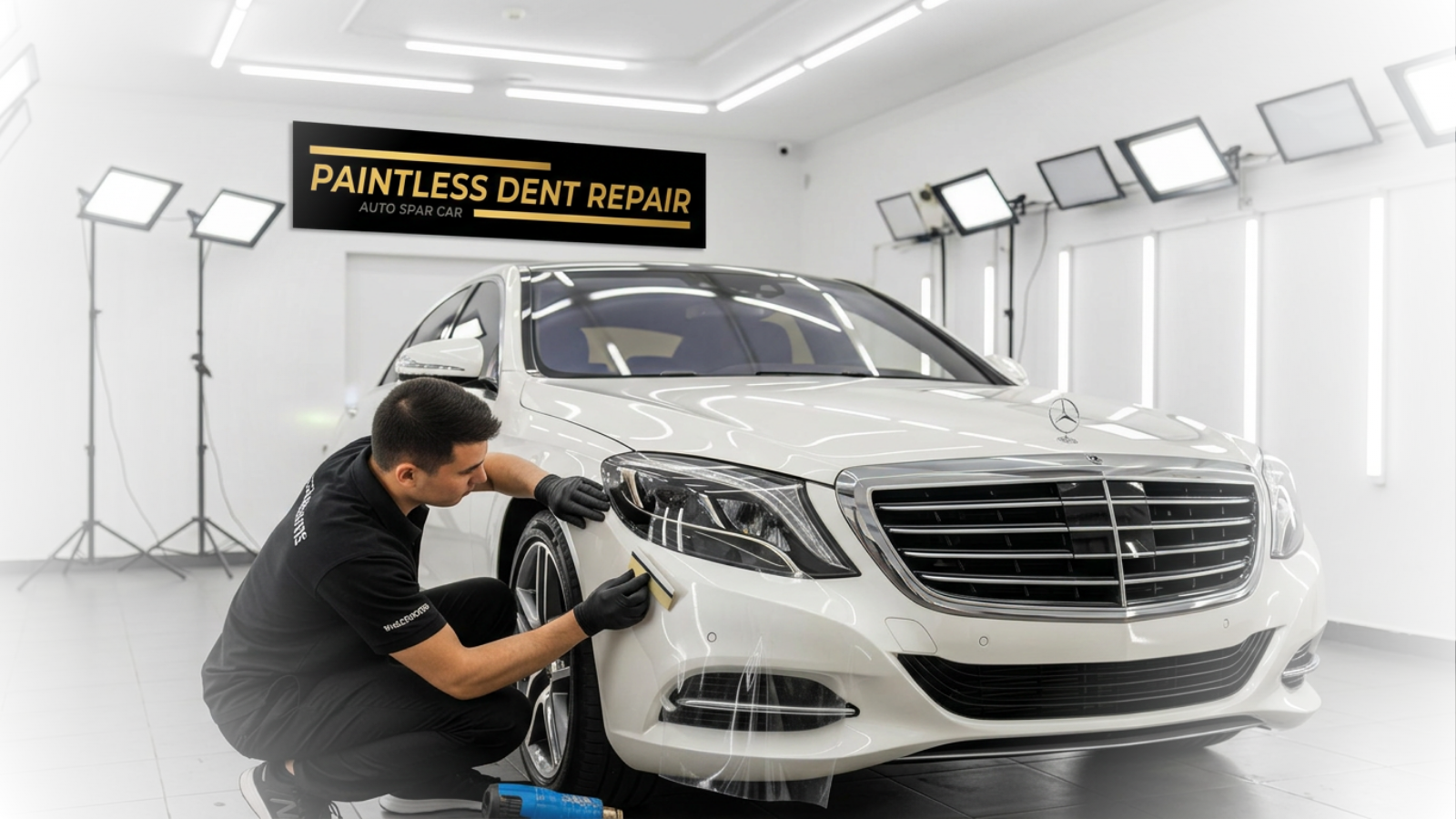 Technician inspecting a car body panel for dents